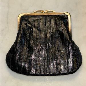 VINTAGE EEL SKIN KISS LOCK POUCH Elegant Black  Clutch Coin Purse Gold Hardware🖤